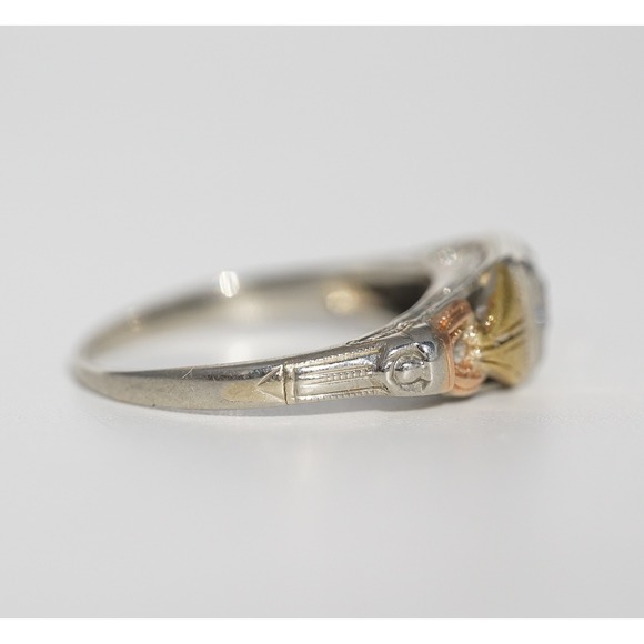 Antique 18k Solid‎ Multi Colored Gold Filigree Engraved Natural Diamond Ring